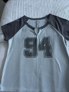 Pink Republic Light Blue Tee with Charcoal Sleeves and '94' Graphic